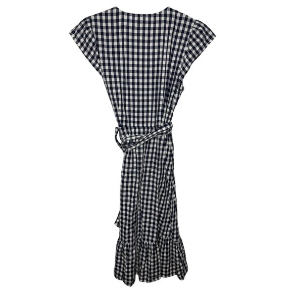 Draper James Navy Gingham Wrap Midi Dress Ruffle Hem Belted Size 2 - Picture 2 of 9